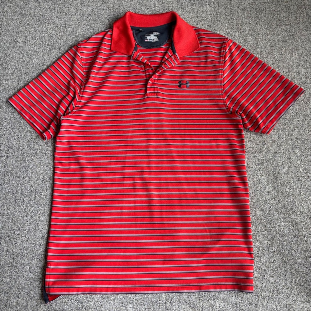 Under Armour Polo Shirt Mens Medium Red Striped HeatGear Loose Fit Short‎ Sleeve